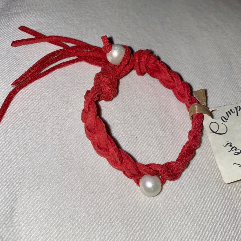 NWT Handmade Red Suede Leather & Pearl Bracelet
